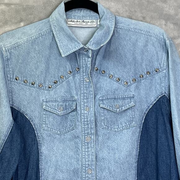 Vtg 90s Adobe Rose Jean Shirt Western Aztec Boho Colorblock Studs Snap Size XL - Picture 2 of 13